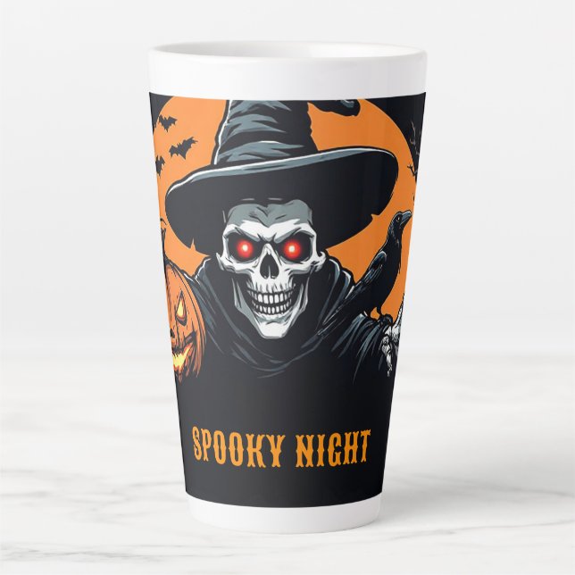 Glowing Jack O Lantern With Halloween Skeleton 🕸️ Latte Mug (Front)