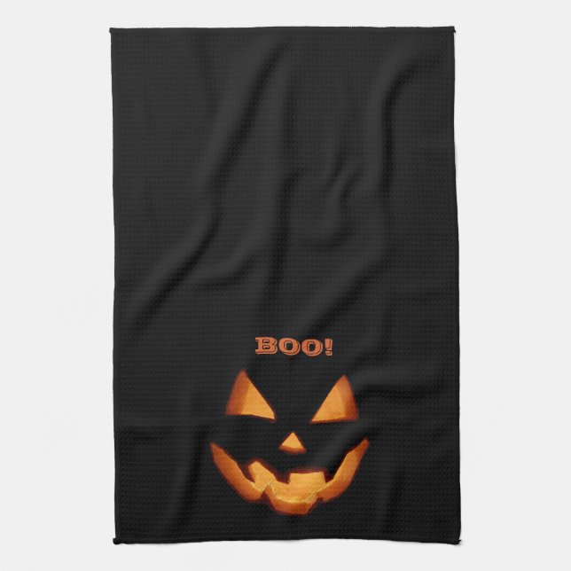 Glowing Jack O'Lantern Carved Halloween Scary Face Tea Towel (Vertical)