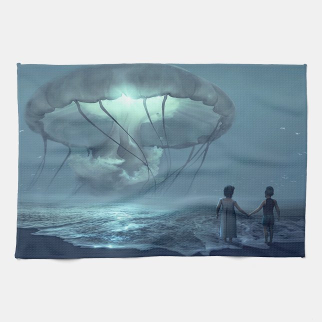 Glowing jellyfish cloud over ocean beach blue tea towel (Horizontal)