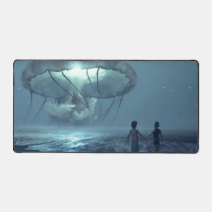 Glowing jellyfish cloud over the ocean beach desk mat