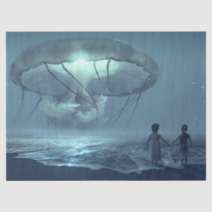 Glowing jellyfish cloud over the ocean beach tissue paper