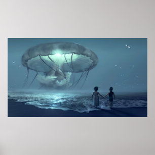 Glowing jellyfish cloud over the ocean poster