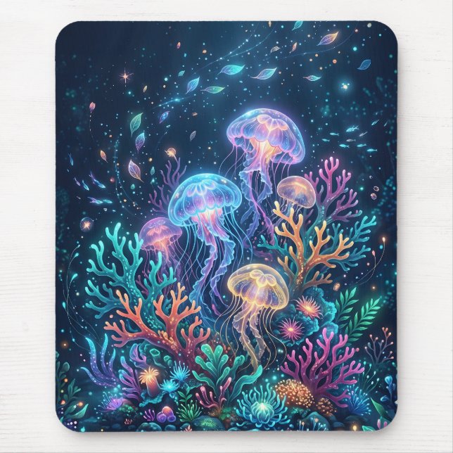 Glowing Jellyfish Fantasy Underwater Ocean Mouse Pad (Front)