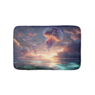 Glowing Jellyfish in Sunset Skies Bath Mat