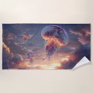 Glowing Jellyfish in Sunset Skies Beach Towel