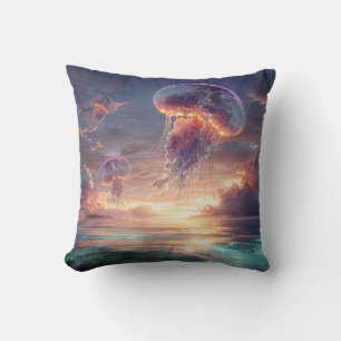 Glowing Jellyfish in Sunset Skies Cushion