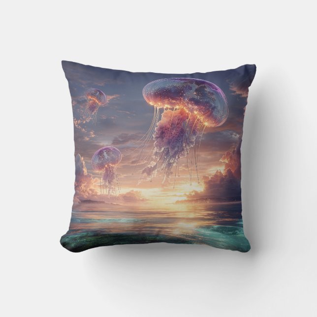 Glowing Jellyfish in Sunset Skies Cushion (Front)