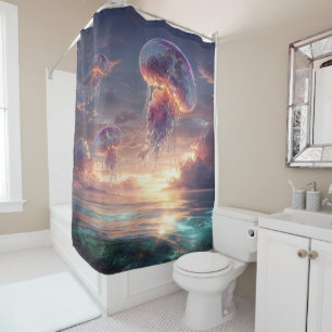 Glowing Jellyfish in Sunset Skies Shower Curtain