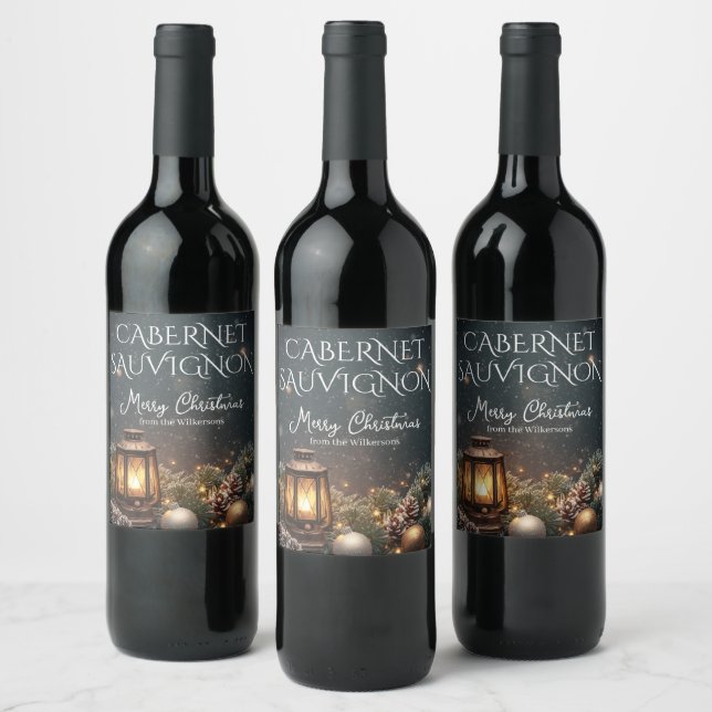 Glowing Lantern & Christmas Garland Custom Name Wine Label (Bottles)