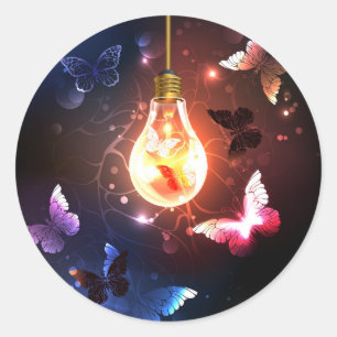 Glowing Light Bulb with Night Butterflies Classic Round Sticker