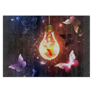 Glowing Light Bulb with Night Butterflies Cutting Board