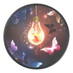 Glowing Light Bulb with Night Butterflies Hockey Puck