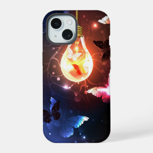 Glowing Light Bulb with Night Butterflies iPhone 15 Case