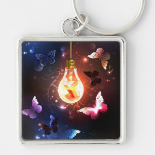 Glowing Light Bulb with Night Butterflies Key Ring
