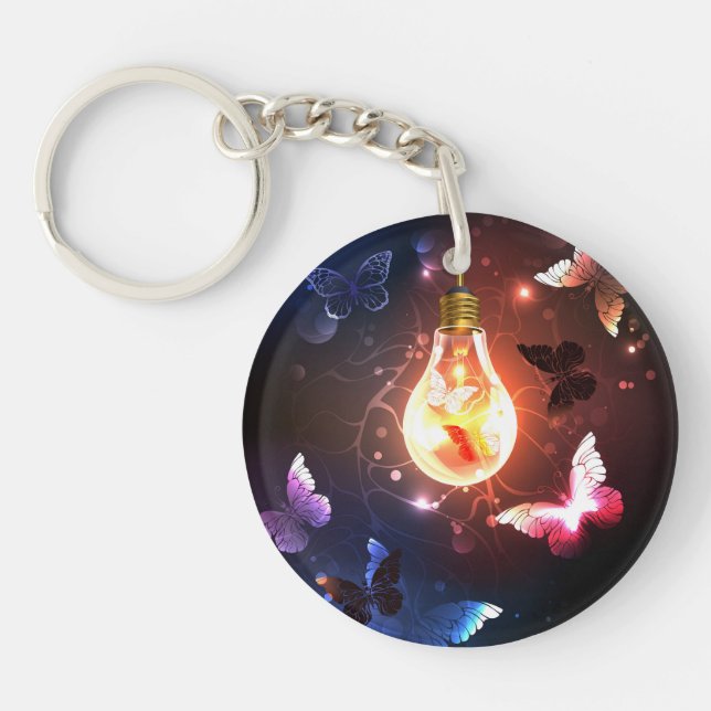 Glowing Light Bulb with Night Butterflies Key Ring (Front)