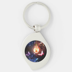 Glowing Light Bulb with Night Butterflies Key Ring