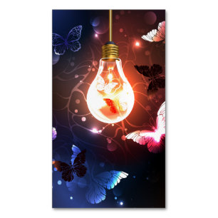 Glowing Light Bulb with Night Butterflies Magnetic Business Card