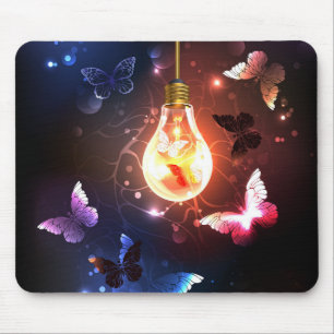 Glowing Light Bulb with Night Butterflies Mouse Pad