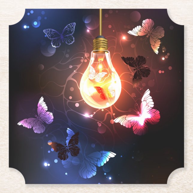 Glowing Light Bulb with Night Butterflies Paper Coaster (Front)