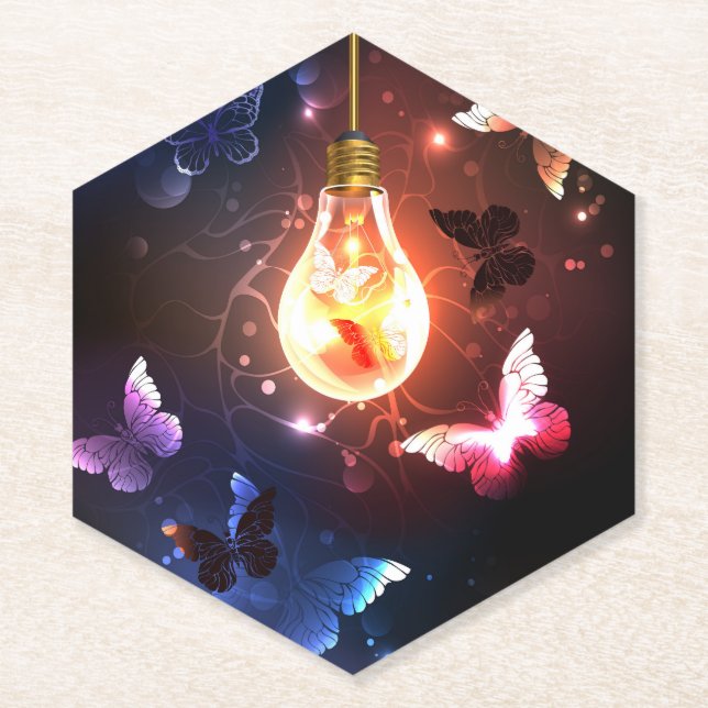 Glowing Light Bulb with Night Butterflies Paper Coaster (Front)