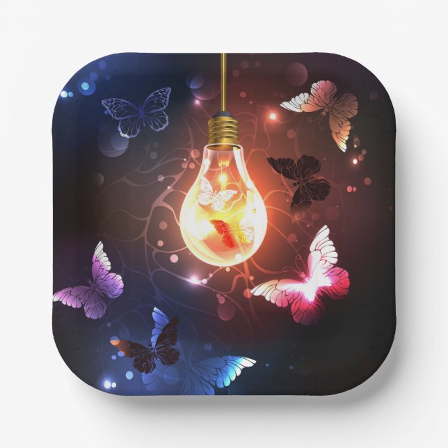 Glowing Light Bulb with Night Butterflies Paper Plate (Front)