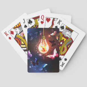 Glowing Light Bulb with Night Butterflies Playing Cards