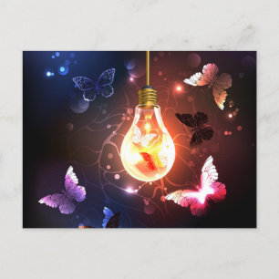 Glowing Light Bulb with Night Butterflies Postcard