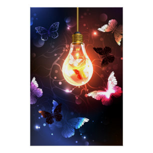Glowing Light Bulb with Night Butterflies Poster