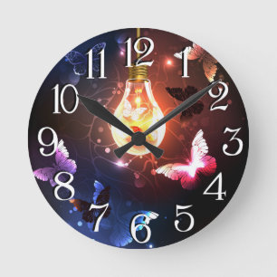 Glowing Light Bulb with Night Butterflies Round Clock