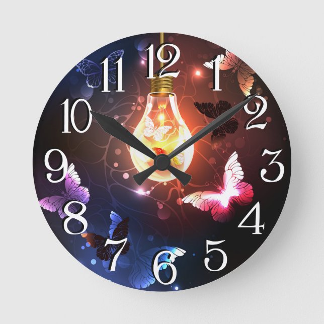 Glowing Light Bulb with Night Butterflies Round Clock (Front)