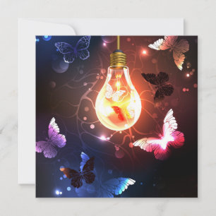 Glowing Light Bulb with Night Butterflies Save The Date