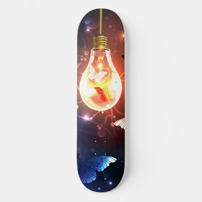 Glowing Light Bulb with Night Butterflies Skateboard (Front)