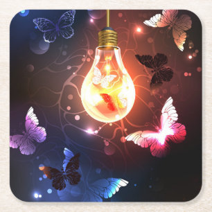 Glowing Light Bulb with Night Butterflies Square Paper Coaster