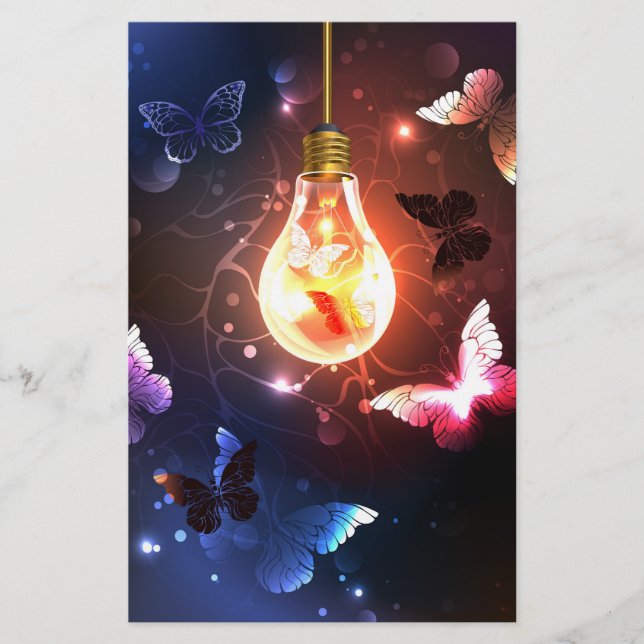 Glowing Light Bulb with Night Butterflies Stationery (Front)