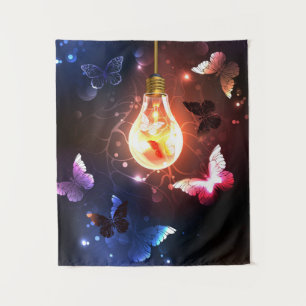 Glowing Light Bulb with Night Butterflies Tapestry