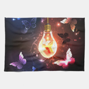 Glowing Light Bulb with Night Butterflies Tea Towel