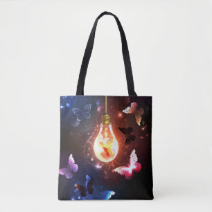 Glowing Light Bulb with Night Butterflies Tote Bag