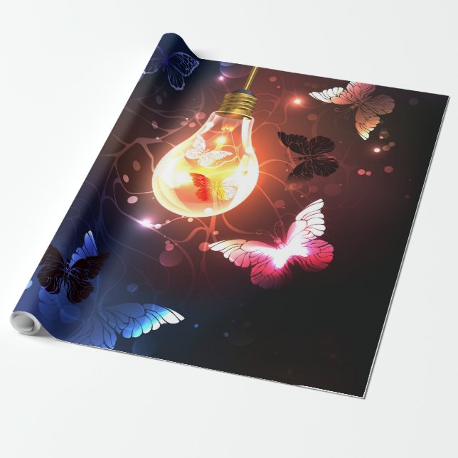 Glowing Light Bulb with Night Butterflies Wrapping Paper (Unrolled)