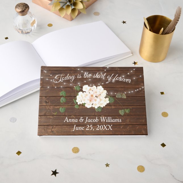 Glowing Lights and Hydrangea Flower On Oak Wood   Guest Book (Front Open)