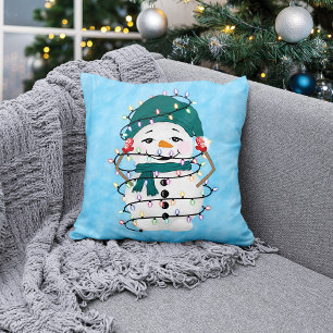 Glowing Lights Winter Wonders Snowman Christmas Cushion