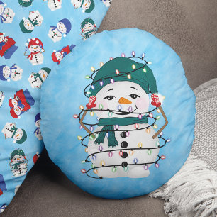 Glowing Lights Winter Wonders Snowman Christmas Round Cushion