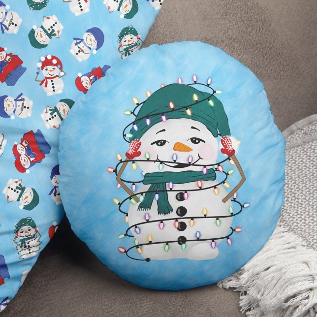 Glowing Lights Winter Wonders Snowman Christmas Round Cushion (Creator Uploaded)