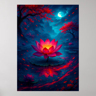 Glowing Lotus Flower under Moonlight Fantasy Poster