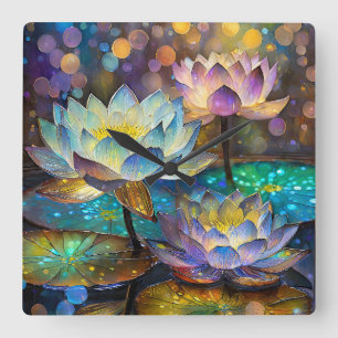 Glowing Lotus Flowers Trio Square Wall Clock