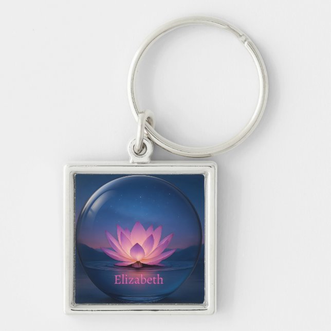 Glowing Lotus Glass Sphere Keychain – Custom Name (Front)