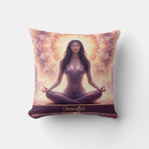 Glowing Mandala Meditation Woman Custom Name Cushion
