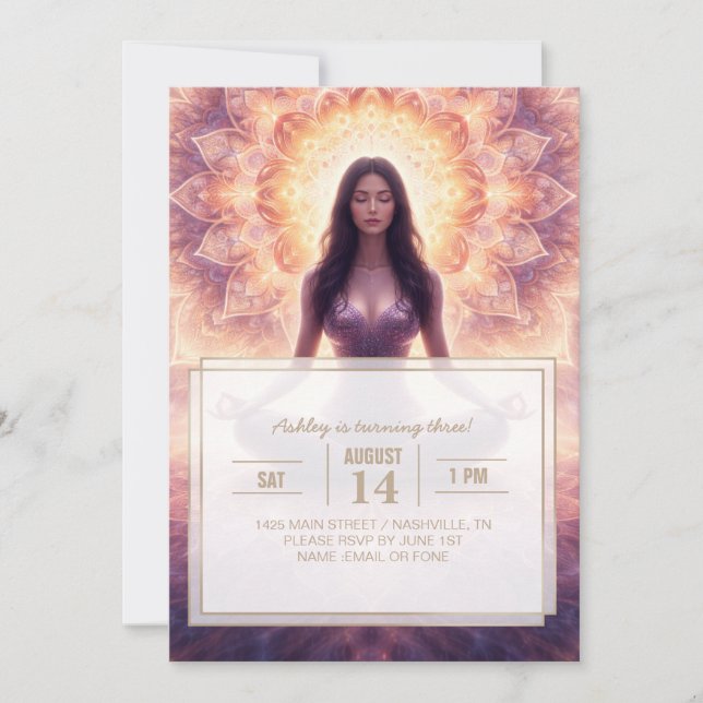 Glowing Mandala Meditation Woman Custom Name       Invitation (Front)