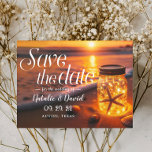 Glowing Mason Jar Sunset Beach Save the Date Announcement Postcard<br><div class="desc">Glowing Mason Jar Sunset Beach Wedding Save the Date Announcements.</div>