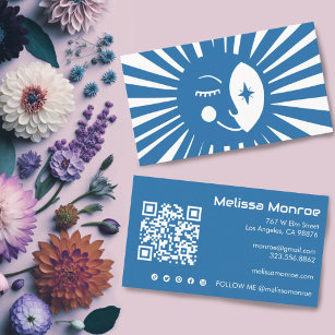 Glowing Moon Cute and Charming Colourful Blue QR  Business Card