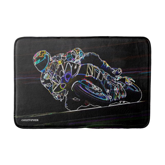 Glowing Motorcycle Rider Circle Racing Sketch Bath Mat (Front)